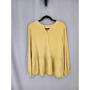 LOGO Lavish Tunic Blouse Womens Medium Yellow Henley Embroidered Hem Ruffle Boho